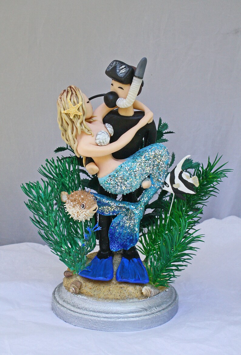 Mermaid and Scuba Diver Wedding Cake Topper CUSTOMIZED to your features image 5