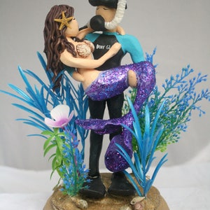 Mermaid and Scuba Diver Wedding Cake Topper CUSTOMIZED to your features image 4
