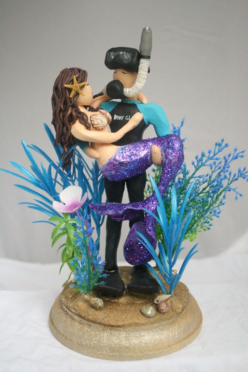 Mermaid and Scuba Diver Wedding Cake Topper CUSTOMIZED to your features image 4