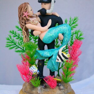 Mermaid and Scuba Diver Wedding Cake Topper CUSTOMIZED to your features image 6