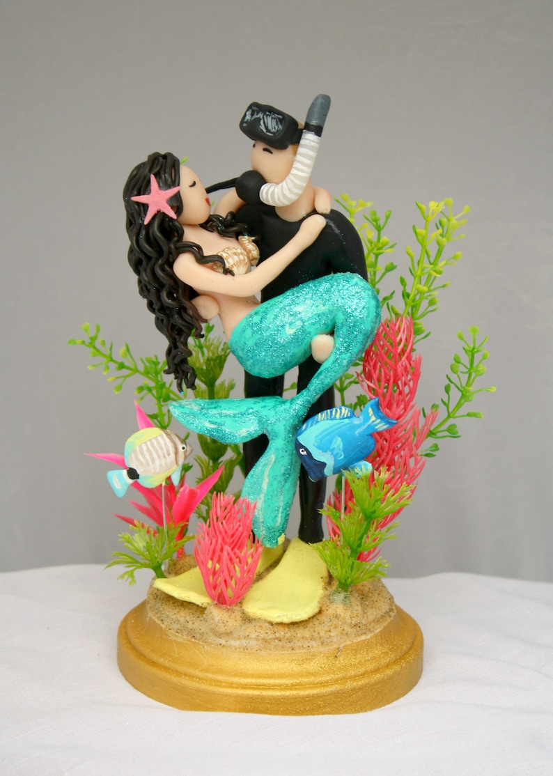 Mermaid and Scuba Diver Wedding Cake Topper CUSTOMIZED to your features image 8