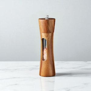 8” Wooden Salt & Pepper Grinder Set with Base – Manual Ceramic Core Mill, Spice Shaker, Clear Window Kitchen Seasoning Tool