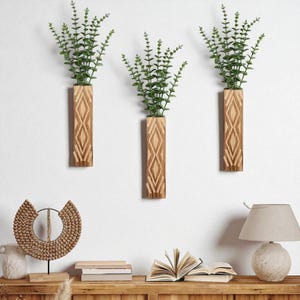 1Pc Boho Wooden Wall Vase – Rustic Hanging Flower Holder for Dried and Faux Plants, Farmhouse Living Room & Entryway Wall Decor