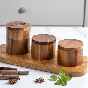Wooden Salt Cellar with Spoon: Rustic Kitchen Spice Organizer