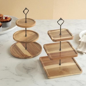 Wooden 3-Tier Serving Tray – Rustic Cupcake Stand, Tiered Food Platter for Kitchen, Hotel, Party, Home Decor & Display Organizer