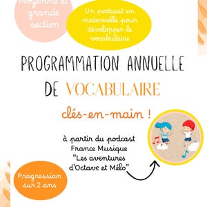 May include: A white educational document titled PROGRAMMATION ANNUELLE DE VOCABULAIRE with orange and yellow circular accents. It features text about a preschool podcast and a circular illustration of two cartoon children with musical notes.