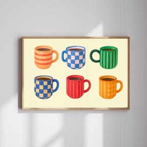 コーヒープリント | トレンドの明るい色のコーヒープリント | レトロなカフェポスター | コーヒーバーのウォールアート | マキシミニマリストキッチンプリント | デジタルプリント