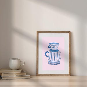 Coffee Please Wall Art | Retro Coffee Print Kitchen Decor Pink and Blue Digital Art Download Cute Coffee Cart Decor Trendy Kitchen Poster