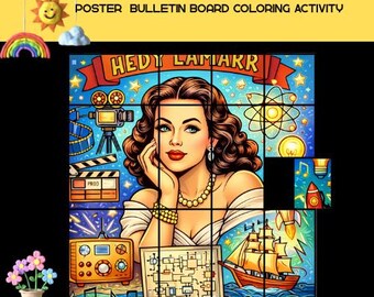 Actividad colaborativa para colorear carteles de Hedy Lamarr para el aula. Mural STEM imprimible que celebra a las inventoras y las manualidades tecnológicas.