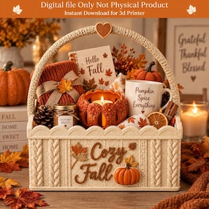 Fall cozy autumn Gift Box STL File | 3D Printed Basket Pumpkin Gift Holder | DIY Floral Basket Decor Thanksgiving Decor