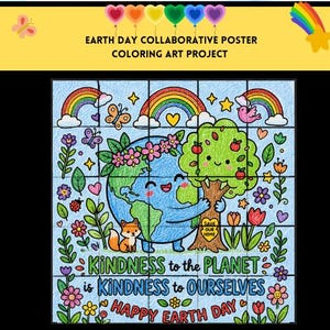 Affiche collaborative du Jour de la Terre imprimable, activité de coloriage en groupe dans la classe, décoration murale tableau d'affichage, projet artistique sur le travail d'équipe, décoration de porte pour enfants