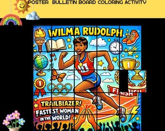 Póster colaborativo imprimible de Wilma Rudolph, póster para colorear de color negro, actividad para el aula de atletas olímpicos, decoración para el Mes de la Historia de la Mujer