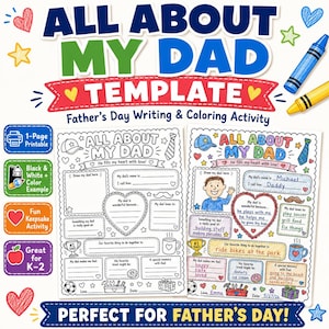 Puede incluir: Una plantilla imprimible del Día del Padre con el texto "ALL ABOUT MY DAD". La plantilla incluye indicaciones de escritura y actividades para colorear para niños. La imagen también incluye un crayón azul y amarillo.