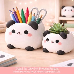 May include: Two white panda-shaped containers, one holding colorful pens and scissors, the other with a small succulent plant. The containers have black ears, feet, and eyes, with pink cheeks. Text at the bottom reads "Digital file Only Not Physical Product".