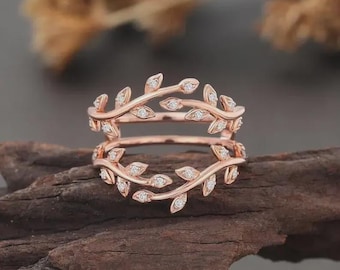Filigree Nature Inspired Moissanite Enhancer Wrap Wedding Ring | 14K Rose Gold Plated 925 Sterling Silver | Women's Bridal Ring Guard