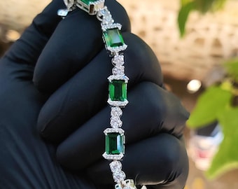 Emerald And Real Moissanite Tennis Bracelet, 14K White Gold Plated 925 Silver Emerald Cut Moissanite Bracelet, Luxury Statement Jewelry