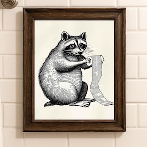 Raccoon Toilet Paper Print | Funny Bathroom Decor | Vintage Raccoon Art | Engraved Animal Illustration | Humorous Wall Art