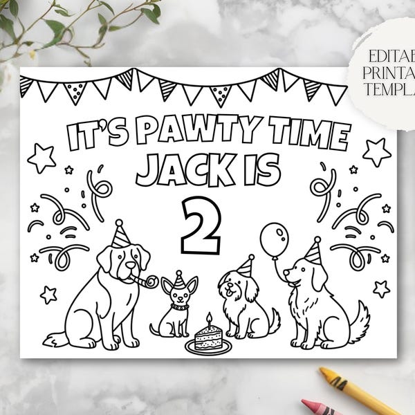 It's Pawty Time Coloring Page | Puppy Party Activity Sheet Dog Birthday Party Editable Template Printable
