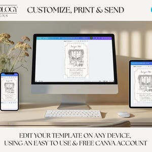 Puede incluir: Un ordenador, una tableta y un smartphone muestran una plantilla de invitaci&oacute;n personalizable. El dise&ntilde;o de la invitaci&oacute;n presenta una escena de ventana ilustrada. El texto "PERSONALIZA, IMPRIME Y ENV&Iacute;A" y "EDITE SU PLANTILLA EN CUALQUIER DISPOSITIVO" son visibles.
