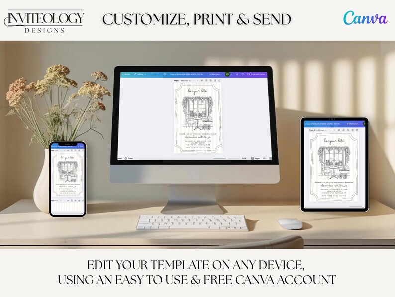 Puede incluir: Un ordenador, una tableta y un smartphone muestran una plantilla de invitaci&oacute;n personalizable. El dise&ntilde;o de la invitaci&oacute;n presenta una escena de ventana ilustrada. El texto "PERSONALIZA, IMPRIME Y ENV&Iacute;A" y "EDITE SU PLANTILLA EN CUALQUIER DISPOSITIVO" son visibles.