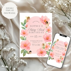 Fairy First Birthday Invitation | Whimsical Garden 1st Birthday Party Invite Pink Flower Fairy Tale Printable Digital Editable Template