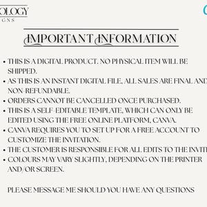 May include: Cream-colored digital product information sheet with the Inviteeology Designs logo and Canva logo. Text includes details about digital product sales, editing with Canva, and customer responsibilities. The text is in a serif font.