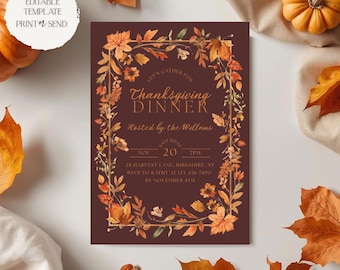 Inbjudan till Thanksgiving | Mall för inbjudan till Thanksgivingmiddag, blommig höstfest, låt oss samlas, redigerbar, utskrivbar, digital nedladdning