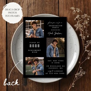 Op de afbeelding: Een uitnodiging voor een afstudeerfeest met een zwarte achtergrond en vier foto's van een jonge man. De uitnodiging bevat de tekst "Graduation Party Honoring Noah Jackson", "Class of 2026" en evenementdetails.