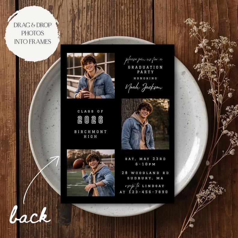 Op de afbeelding: Een uitnodiging voor een afstudeerfeest met een zwarte achtergrond en vier foto's van een jonge man. De uitnodiging bevat de tekst "Graduation Party Honoring Noah Jackson", "Class of 2026" en evenementdetails.