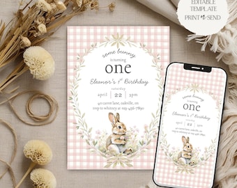 Some Bunny is Turning One Invitation | 1st Birthday Party Invite Pink Gingham Bunny Wildflower Editable Template Printable Digital Download
