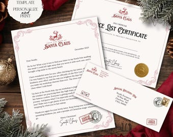 Paquete de cartas de Papá Noel / Carta de correo del Polo Norte de Navidad, lista de buenos deseos, certificado, sobre, plantilla editable, imprimible digital