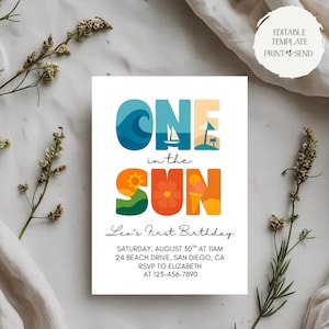 One in the Sun Birthday Invitation | Fun Tropical Summer Pool Beach Party 1st Birthday Invite Editable Template Printable Digital Download