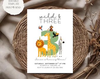 Invitation d'anniversaire sauvage et trois troisième | Safari dans la jungle sauvage 3e anniversaire inviter des fêtards Modèle modifiable imprimable en téléchargement numérique