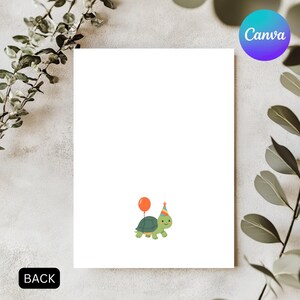 May include: A white greeting card with a cartoon turtle wearing a party hat and holding a red balloon. The word "BACK" is in a black rectangle at the bottom left. The Canva logo is in the upper right corner.
