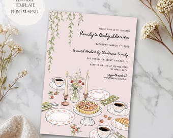 May include: A pink baby shower invitation with a brunch theme. The invitation includes the text "Emily's Baby Shower" and details about the event. The design features illustrations of a table setting with food and flowers.