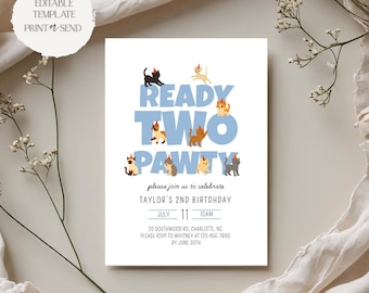 Ready Two Pawty Birthday Invitation | Blue Party Animal Kitty Cat Pet Boy 2nd Birthday Invite Editable Template Printable Digital Download
