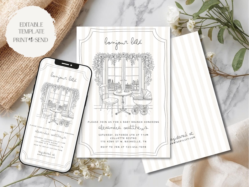 Puede incluir: Invitaci&oacute;n a un baby brunch con un boceto en blanco y negro de una escena de caf&eacute;, que incluye un cochecito, una mesa y sillas. La invitaci&oacute;n presenta el texto "Bonjour B&eacute;b&eacute;" y los detalles del evento.
