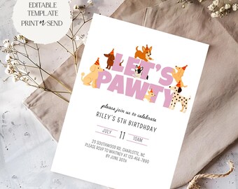 Let’s Pawty Birthday Invitation | Pink Party Animal Dog Puppy Pet Birthday Invite Editable Template Printable Digital Instant Download