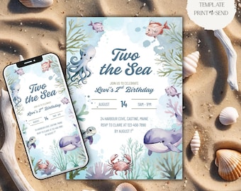Two the Sea Invitation | Blue Green Ocean Animals Under the Sea 2nd Birthday Party Invite Editable Canva Template Printable Digital Download