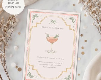 Cheers to the New Year Invitation | Line Art Cocktail NYE Holiday Party Invite Editable Template Printable Digital