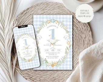 Zaproszenie na pierwsze urodziny One Silly Goose | Zaproszenie na pierwsze urodziny w niebieską kratkę gingham w formie kwiatu do pobrania w wersji cyfrowej, do druku, edytowalny szablon Canva