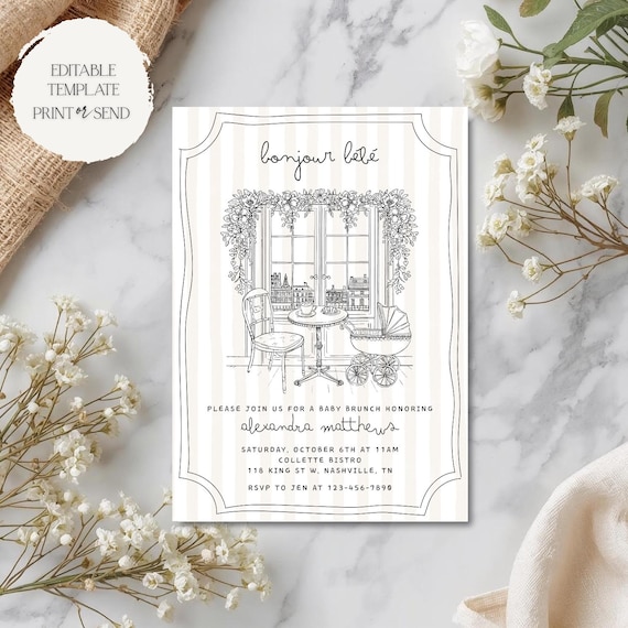 Bonjour Bebe Invitation | Parisian French Café Bebe Gender Neutral Baby Shower Party Invite Template Editable Printable Digital Download