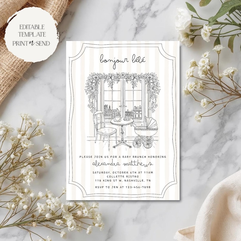 Bonjour Bebe Invitation | Parisian French Café Bebe Gender Neutral Baby Shower Party Invite Template Editable Printable Digital Download