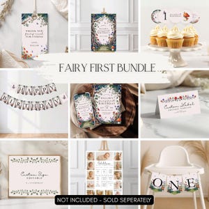 May include: A collection of fairy-themed party decorations, including a banner that says "Happy Birthday", a sign that says "Thank You", and a sign that says "Custom Sign Editable". The text "Fairy First Bundle" is also visible.