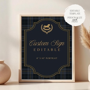 Może przedstawiać: Oprawiony znak z granatowym i czarnym tłem w kratę. Znak zawiera złoty tekst z napisem "Custom Sign EDITABLE" i "8" X 10" PORTRAIT". Złoty konik na biegunach i wieniec znajdują się na górze.