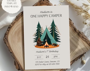 One Happy Camper Invitation | Adventure Woodland Wilderness Bear Camping 1st Birthday Invite Editable Template Printable Digital Download