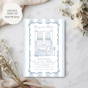 May include: Baby shower invitation with a blue and white striped background. The invitation features a sketch of a cafe with the text "Bonjour Bébé." Details include the honoree's name, date, time, location, and RSVP information.
