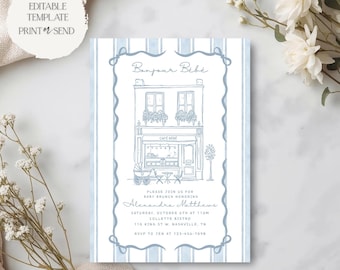 Bonjour Bebe Invitation | Parisian French Café Blue Bows Baby Shower Party Invite Template Editable Printable Digital Download