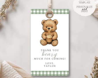 May include: A gift tag featuring a teddy bear illustration holding a cupcake with a lit candle. The tag has a green gingham border and the text: "THANK YOU beary MUCH FOR COMING! LOVE, TAYLOR."
