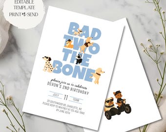Bad Two the Bone-uitnodiging | Blue Biker Dog Puppy Pawty Boy 2e verjaardagsfeestje uitnodigen sjabloon bewerkbare afdrukbare digitale download